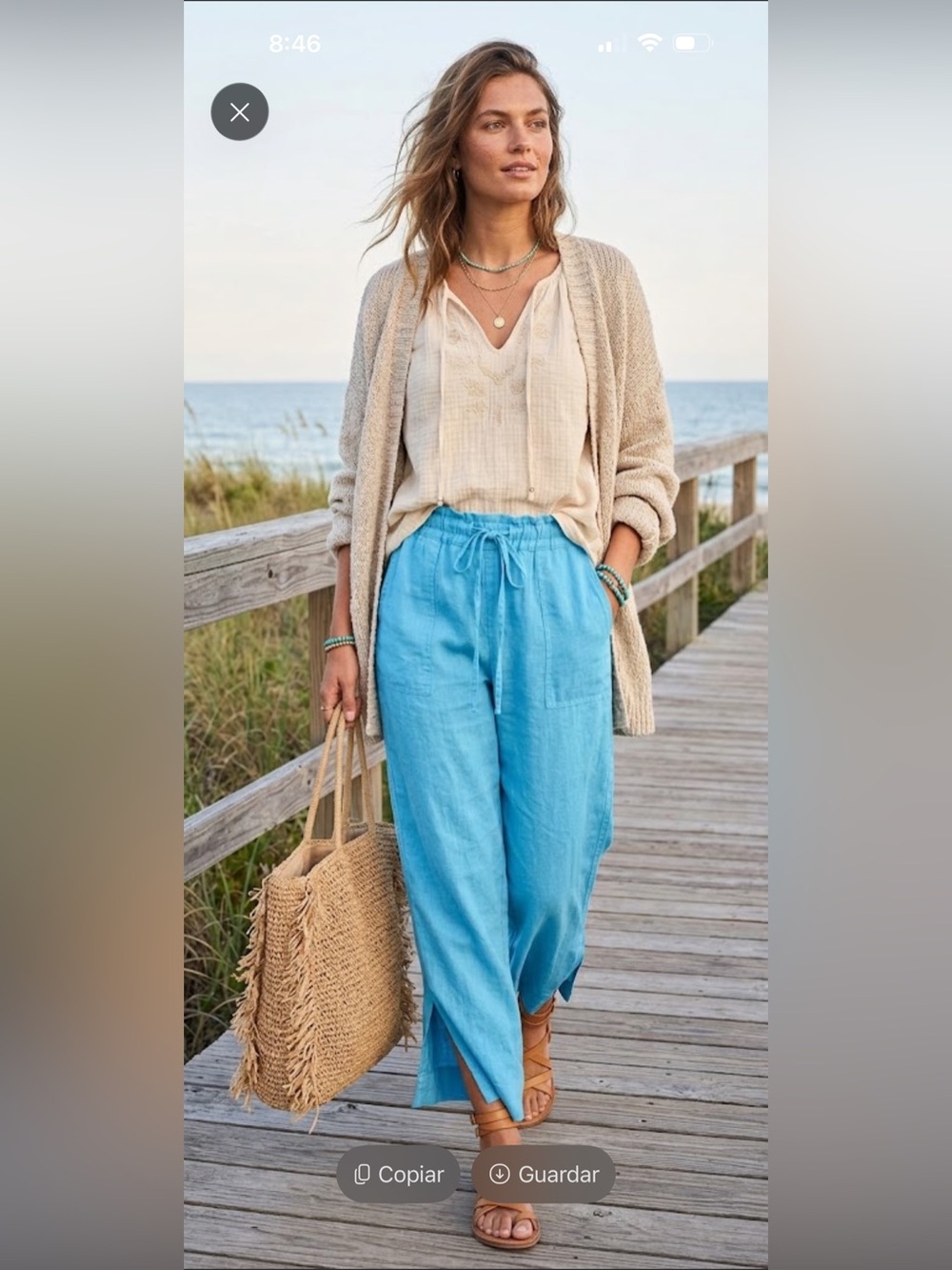Calligraphie rayon linen turquoise elastic waist wide pants XL Lagenlook travel